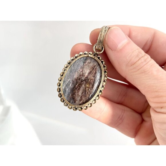 Dark Charoite Gemstone Rope Framed Bezel Set Sterling Silver 925 Vintage Pendant - Picture 3 of 10